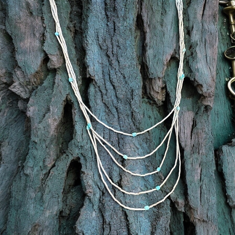 Native American 5-Strand Liquid Silver & Turquoise Beaded Waterfall Necklace